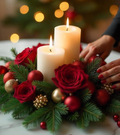 Centre de table de Noël naturel avec des bougies, branche de sapins et fleurs 